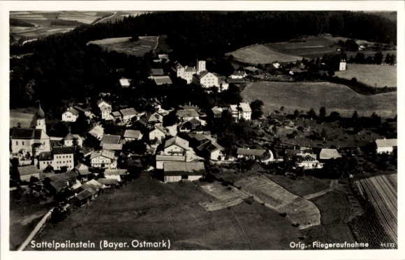 Postcard Sattelpeilnstein Traitsching in the Bavarian Forest, aerial photograph, Castle Brewery