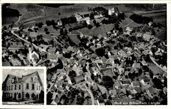 Postcard Bad Grönenbach in Allgäu, aerial photograph, Gasthaus zum Kreuz, owner Philipp Endres