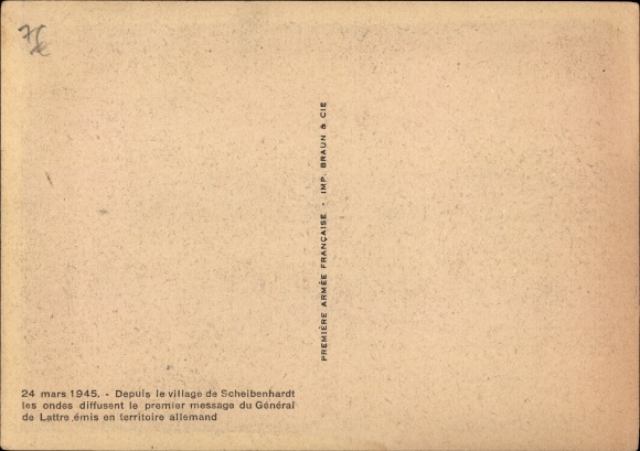 Postcard Scheibenhardt in der Pfalz, 24 Mars 1945, liberation, premier message from General de Lattre