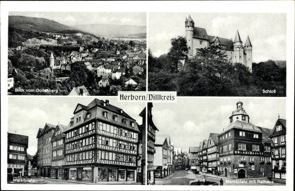 Postcard Herborn in the Lahn Dill district, castle, market square with town hall, from Dollenberg