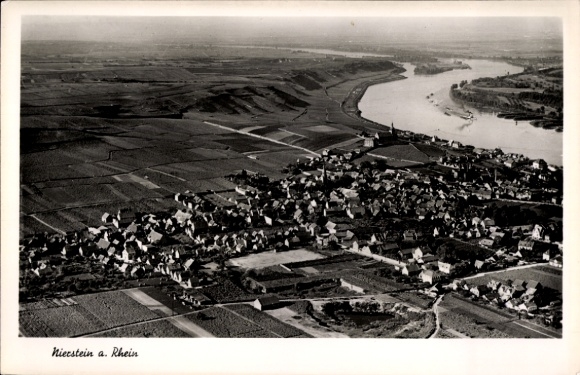 Postcard Nierstein am Rhein, aerial view of calm Rhine, fields, traditional buildings