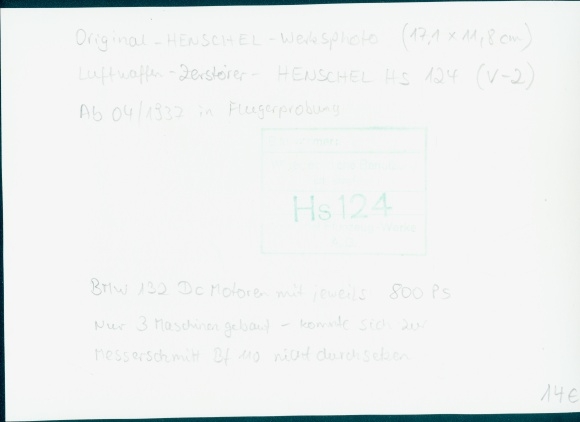 Photo German Air Force, Henschel Hs 124 V-2 fighter aircraft, destroyer, factory photo