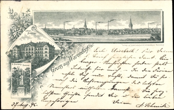 Litho Warendorf in Westfalen, Lehrerseminar, B. Overberg Denkmal, Stadtpanorama