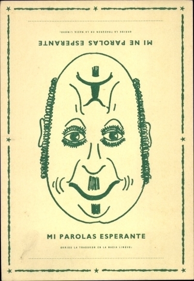 Postcard man with two facial expressions, joy, sadness