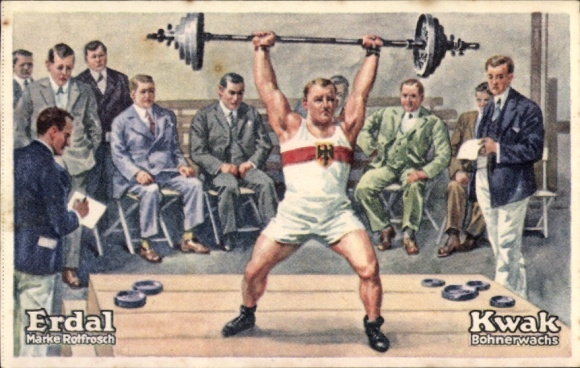 Collector's picture Erdal-Kwak series picture, Rotfrosch brand, floor wax, weight lifting, heavyweight