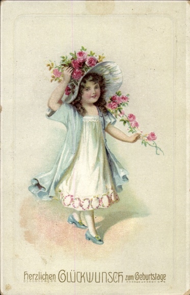 Postcard Congratulations Birthday, girl in white dress, flowers