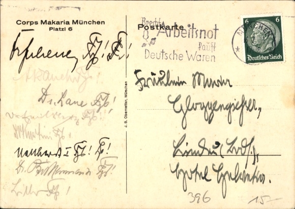 Studentika Postcard Munich, Corps Makaria, coat of arms, Platzl 6