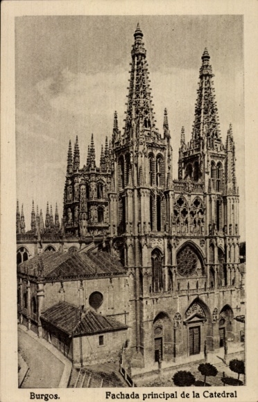 KP Burgos Castile and León, główna fasada katedry, gotyckie wieże, brak ludzi