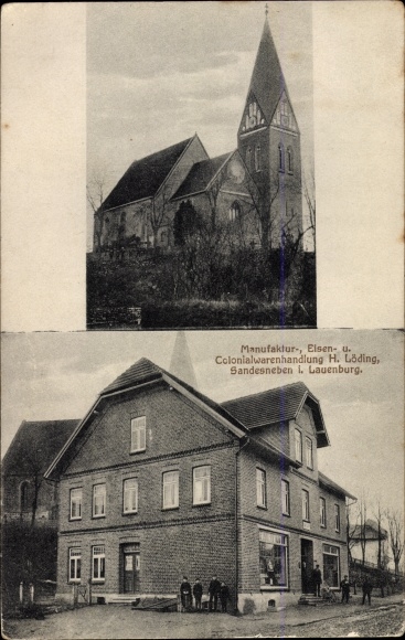Postcard Sandesneben in Lauenburg, grocery store, church