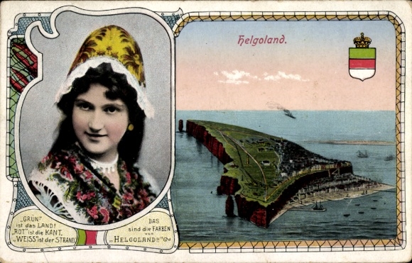 Postcard North Sea island Heligoland, general view, woman in typical costume