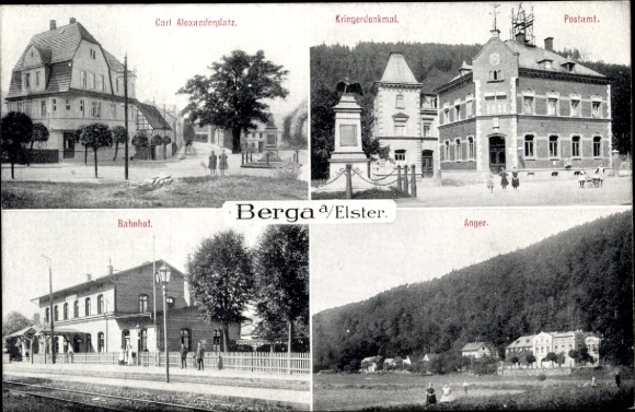 Ak Berga an der Elster Thüringen, Anger, Kriegerdenkmal, Bahnhof, Gleisseite, Carl Alexanderplatz