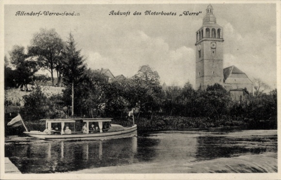 Postcard Bad Sooden Allendorf in Hessen, arrival of the motorboat Werra, church