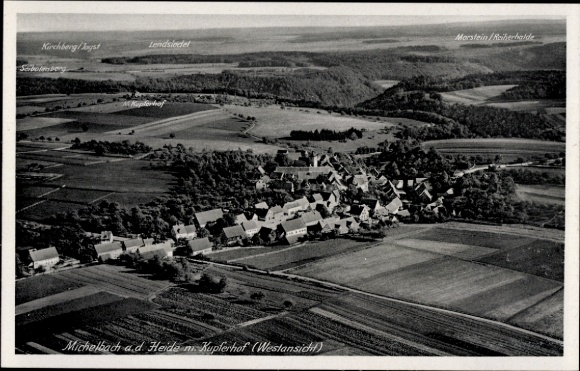 Postcard Michelbach an der Heide Gerabronn, aerial photograph of Michelbach, Kupferhof, Lendsiedel, Serbelberg