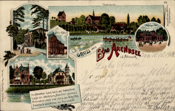 Litho Arendsee Altmark, Kurhaus, Klosterkirche, Ville Reip, Schule, Deepe Deel