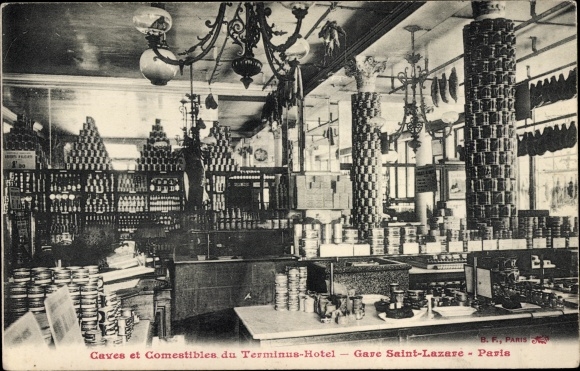 Postcard Paris VIII, Gare Saint Lazare, Hotel Terminus, Cellars and Edible, Innenansicht