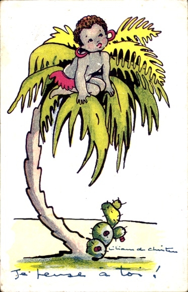 Artist Postcard African on a palm tree, cactus