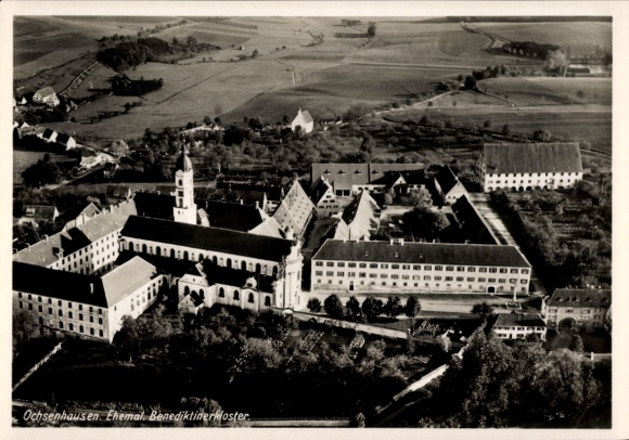 Postcard Ochsenhausen in Württemberg, Aerial view, former Benedictine monastery, rural landscape