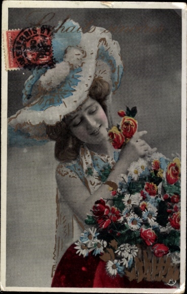Ak Jonge vrouw met hoed, portret, bloemen