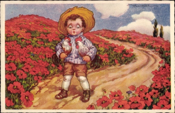 Artist Postcard Boy with two roosters, flower meadow, poppy