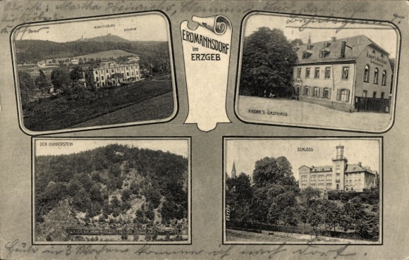 Ak Erdmannsdorf Augustusburg im Erzgebirge, Vorderseite zeigt vier Ansichten, darunter Schloss, G