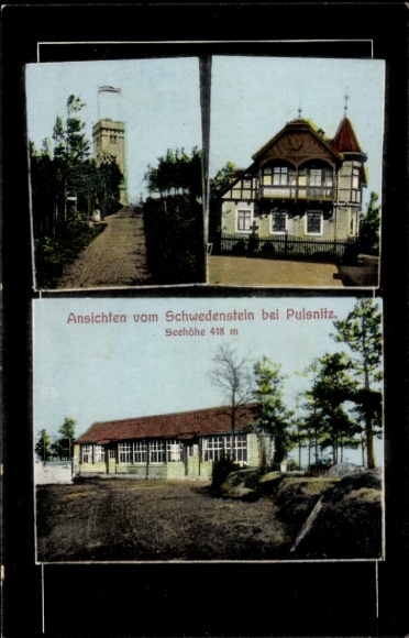 Ak Schwedenstein bij Pulsnitz, uitzicht vanaf de Schwedenstein, hoogte 418 m, drie gebouwen