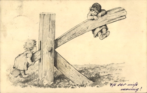 Artist Postcard Kaulbach, Hermann, Children on a Seesaw