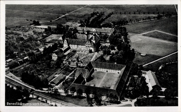Postcard Benediktbeuern in Upper Bavaria, aerial view of the monastery complex, surroundings