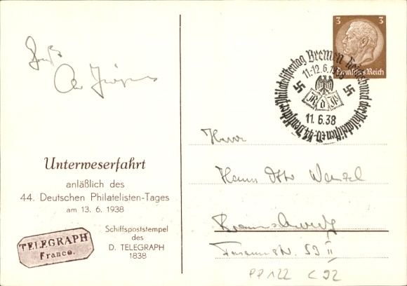 Postwaardestukkunstenaar Ak Schiffspost Bremen Bremerhaven 1827-1851, postzegeltentoonstelling 1938