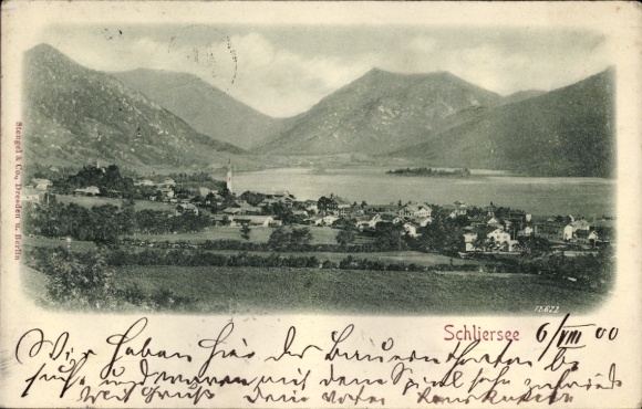 Postcard Schliersee in Upper Bavaria, mountain landscape, lake, place on the water,
