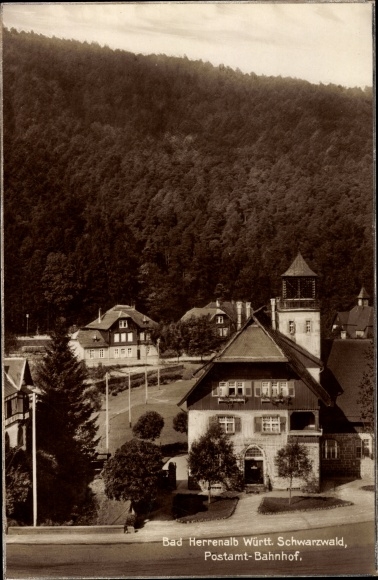 Ak Bad Herrenalb im Schwarzwald, Postamt, Bahnhof