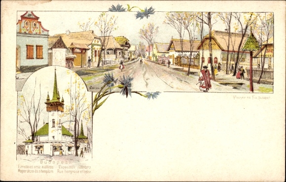 Postal stationery Chromo-Litho Budapest Hungary, Millennium Exhibition, Hungarian Street and Church