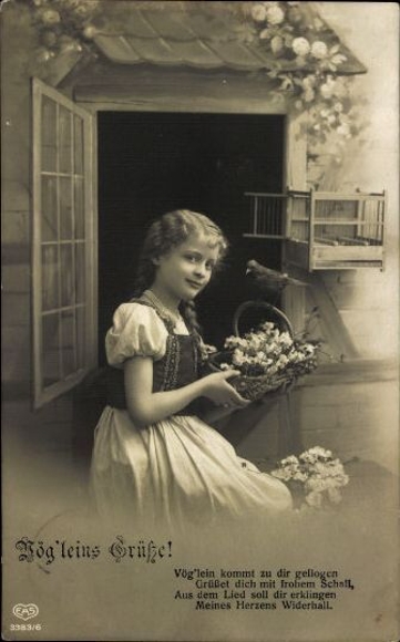 6 old Postcard series young girl with flower basket and bird &quot;Vög&#39;leins Greetings!&quot;