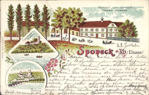 Chromo-Litho Jechtingen Sasbach am Kaiserstuhl, Sponeck Castle on the Rhine, Limburg, Sponeck Inn