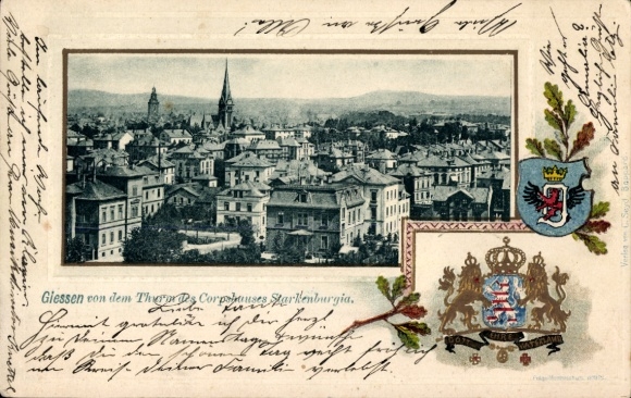 Embossed passepartout coat of arms Studentika Postcard Giessen Gießen an der Lahn Hesse, Corps Starkenburgia