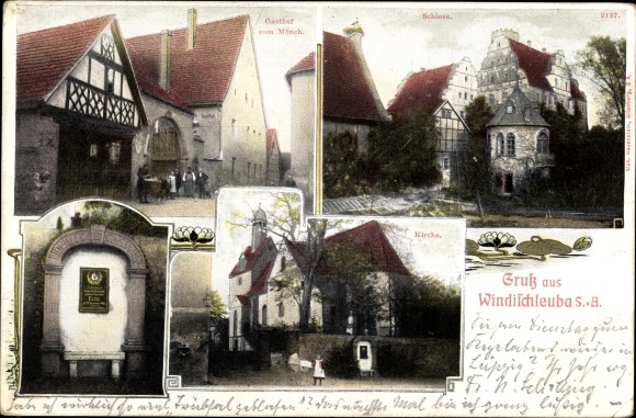Postcard Windischleuba in Thuringia, castle, inn to the monk, church