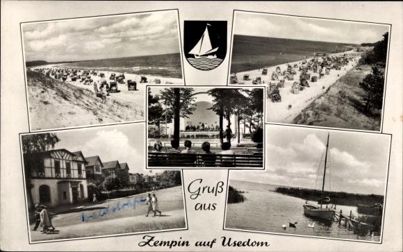 Postcard Ostseebad Zempin on Usedom, coat of arms, beach, beach chairs, sailing boat, Badstraße