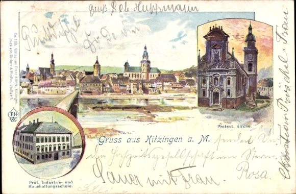 Chromo-Litho Kitzingen am Main, partial view, Protestant Church, Industrial and Domestic Science School
