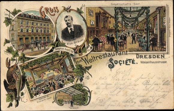 Chromo-Litho Dresden center old town, Weltrestaurant Societe, Waisenhausstrasse