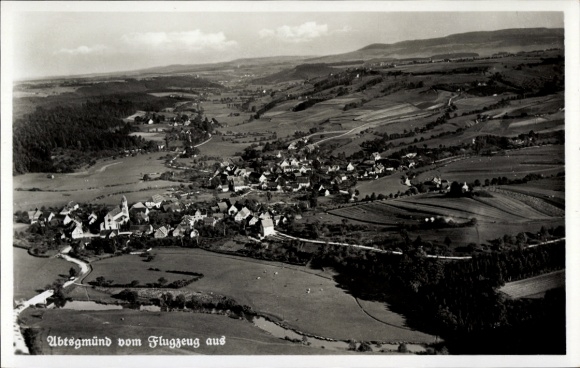 Postcard Abtsgmünd Ostalbkreis, aerial view of rural surroundings, houses, fields