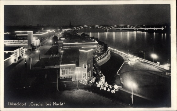 Ak Düsseldorf am Rhein, Gesolei 's nachts, Rijnbrug, kustgebied