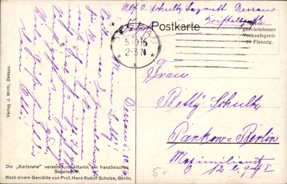 Künstler Ak Schulze, Hans Rudolf, Kriegsschiff Karlsruhe versenkt französisches Segelschiff