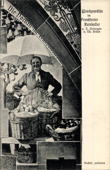 Ak Frankfurt am Main, Oberschweinstiege, Wandgemälde im Frankfurter Ratskeller, Frau mit Obst und