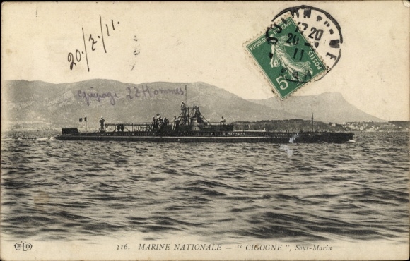 Ak französisches U-Boot Cigogne