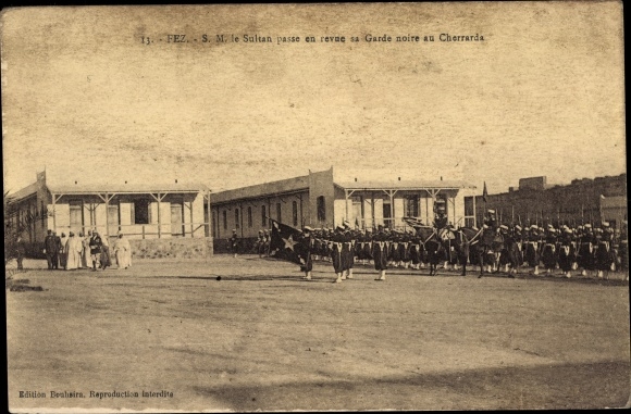 Postcard Fez Fez Morocco, HM the Sultan reviews his Black Guard at the Cherrada