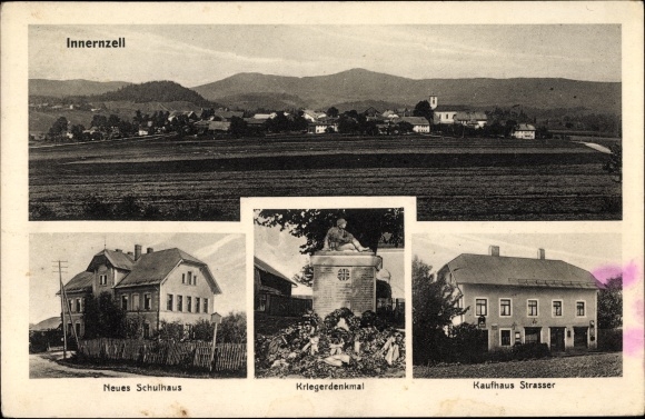 Postcard Innernzell in Lower Bavaria, panorama, new school building, war memorial, department store Strasser
