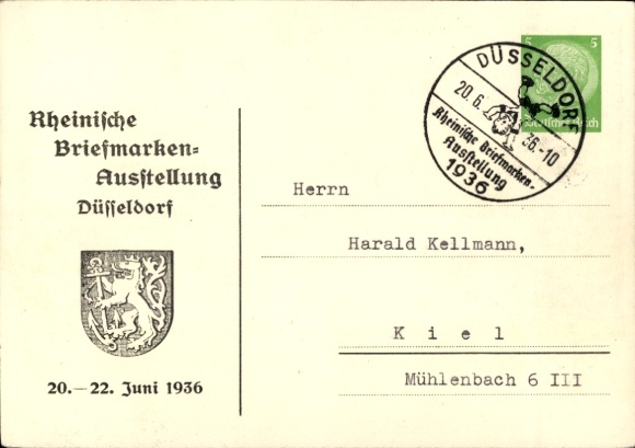 Artysta papeterii pocztowej KP Peters, P., Düsseldorf, wystawa znaczków czerwiec 1936, patron
