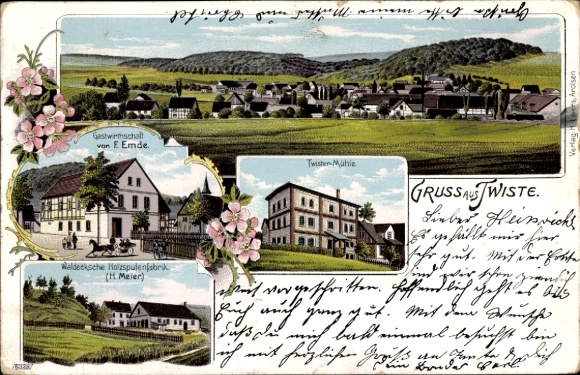 Chromo-Litho Twiste Twistetal Hesse, Emde inn, Twister mill, wooden spool factory