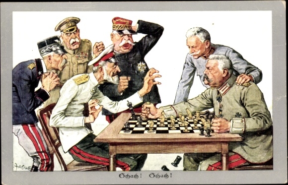 Kunstenaarskaart Zasche, Schach, Hindenburg, Hötzendorf, Joffre, Frans, Cordona, Groothertog Romanov