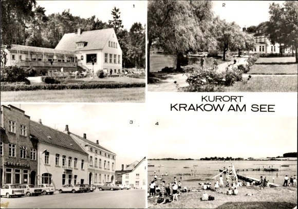 Postcard Krakow am See in Mecklenburg, HOG Jörnberg, HO Restaurant Seehotel, Market Square, Bath
