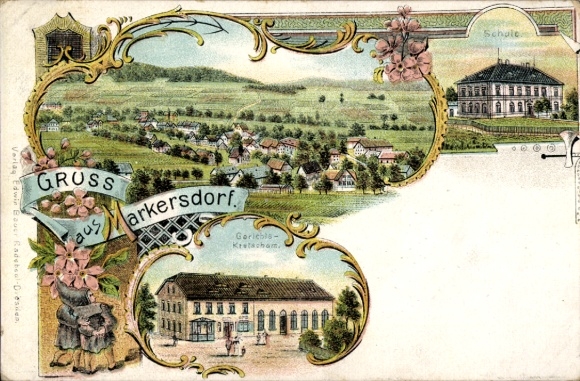 litho Markersdorf in Oberlausitz, Saksen, algemeen beeld, school, rechtbank Kretscham